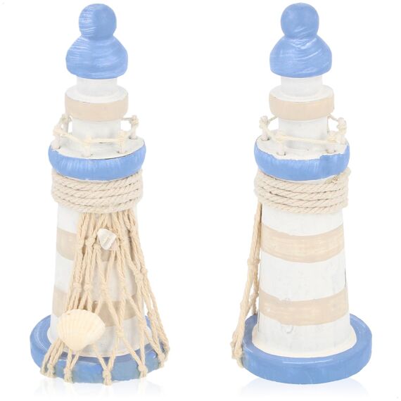 com-four® 2X Deko Leuchttürme aus Holz für Bad und Wohnbereich - Maritimes Leuchtturm Deko-Set – Kleine Leuchttürme im Used-Look (2 Stück Leuchtturm - blau/weiß/beige)