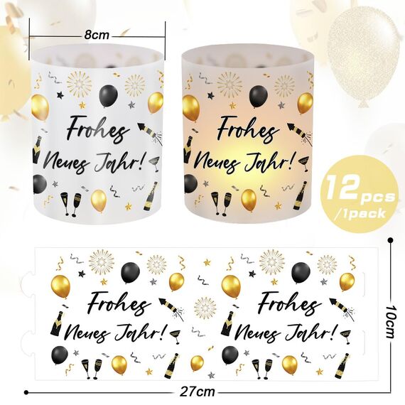 12 Windlicht Tischdeko Silvester, Happy New Year Deko, Silvester Deko 2026, Silvesterdeko Party Set Tischdeko Windlichter, Silvesterparty Neujahr Dekoration Geeignet für Teelichter oder Kerzen