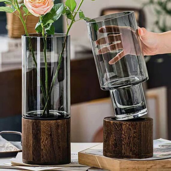 Glas Blumenvase Modern Zylinder Vase Handgefertigte kristallklare Glasvase mit Holzsockel Blumenblume Pflanzenbehälter für Home Office Dekor, Geschenk für Hochzeit Einweihungsparty feiern Höhe 31 cm