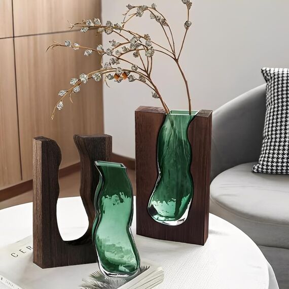 Auciej Blumenvase modern Glasvase Handgefertigte Vase glas rechteckig Schmale Vasen mit Holzsockel für Home Office Dekor, Geschenk für Hochzeit Einweihungsparty feiern Höhe 24 cm