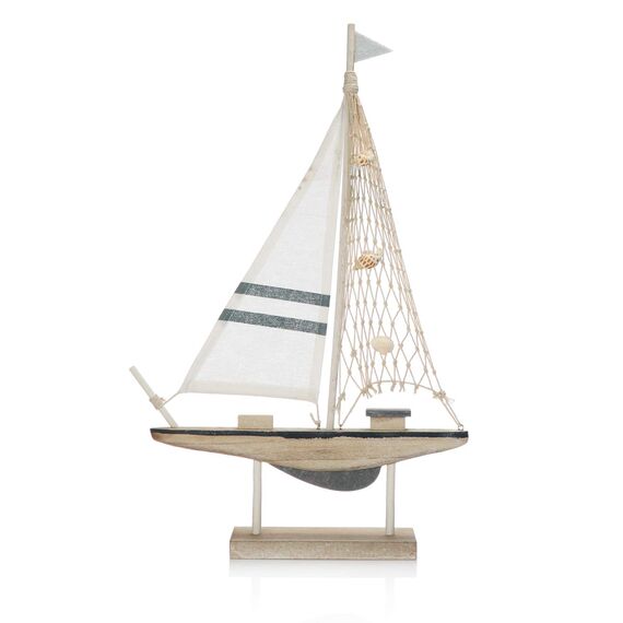 com-four® 2X maritimes Deko-Segelschiff aus Holz in 2 Größen - dekorative Holzboote mit Mittelmeer-Flair fürs Badezimmer [Farbauswahl variiert] (2 Stück Segelboot/Fischkutter - blau/weiß/beige)