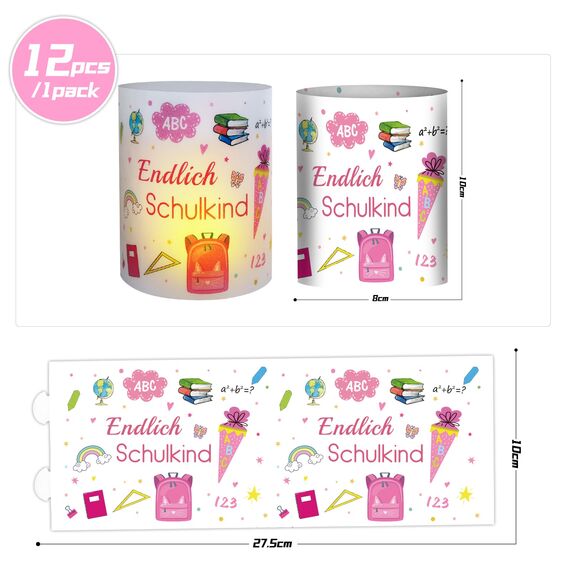 12 Windlicht Tischdeko Einschulung Mädchen, Deko Einschulung Mädchen Tisch, Windlichter Tischdeko Endlich Schulkind, Deko Schulanfang Madchen, Meine Einschulungdeko, Geeignet für Teelicht oder Kerzen
