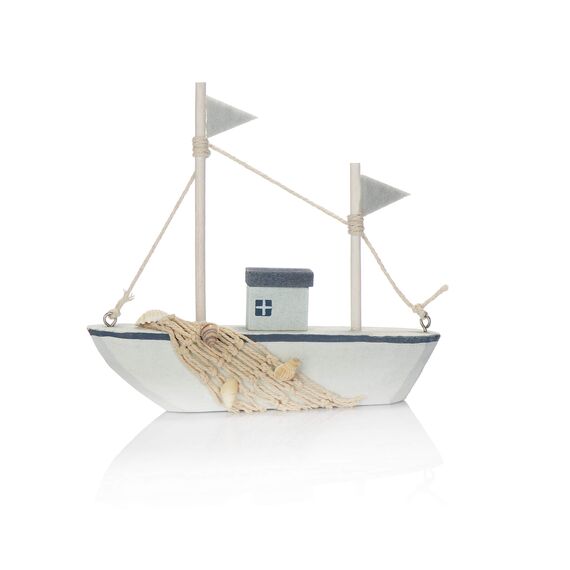 com-four® 2X Maritimes Deko Schiff aus Holz - Fischkutter mit Fischernetz und Muscheln - Holzschiff zur Dekoration - Nautische Deko [Farbauswahl variiert!] (2 Stück Fischkutter - blau/weiß/beige)