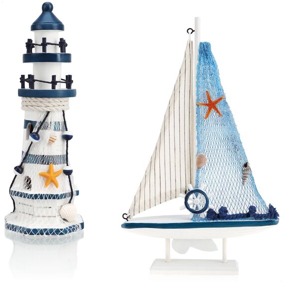 com-four® 2-teiliges maritimes Deko-Set - Dekoratives Holz-Segelschiff 27 cm und Leuchtturm 23 cm für EIN maritimes Ambiente in Ihrem Zuhause (2 Stück Leuchtturm/Segelboot - weiß/blau)