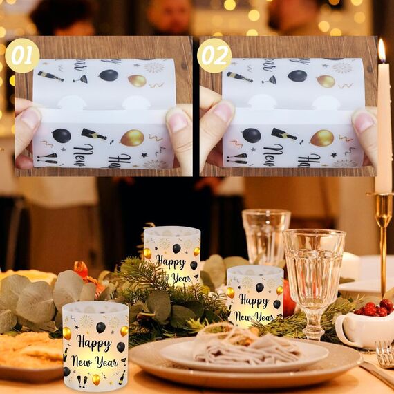 12 Windlicht Tischdeko Silvester, Happy New Year Deko, Silvester Deko 2026, Party Tischdeko Windlichter, Silvesterparty Neujahr Dekoration Geeignet für Teelichter oder Kerzen