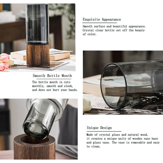 Glas Blumenvase Modern Zylinder Vase Handgefertigte kristallklare Glasvase mit Holzsockel Blumenblume Pflanzenbehälter für Home Office Dekor, Geschenk für Hochzeit Einweihungsparty feiern Höhe 31 cm