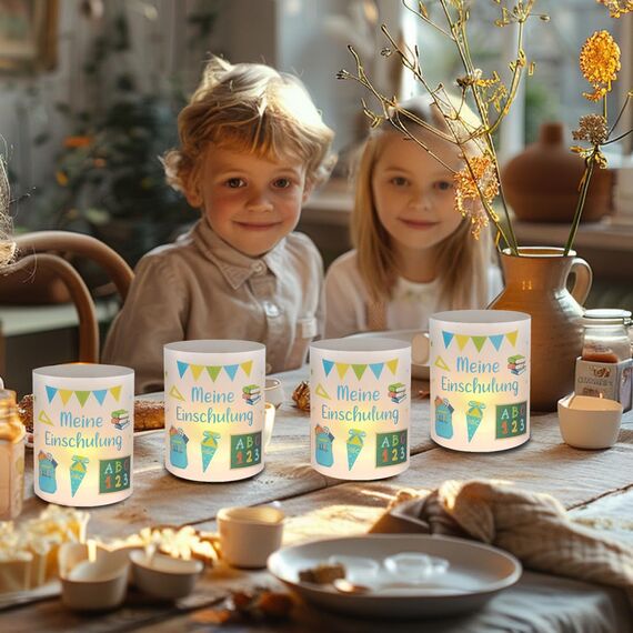 12 Windlicht Tischdeko Einschulung Junge, Meine Einschulungdeko, Windlichter Tischdeko Endlich Schulkind, Deko Einschulung Junge Tisch, Deko Schulanfang Jungen Blau, Geeignet für Teelicht oder Kerzen