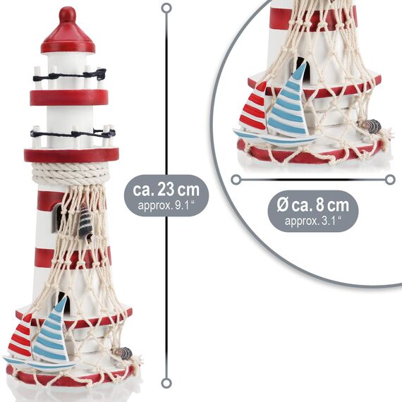 com-four® 2-teiliges maritimes Deko-Set - Dekoratives Holz-Segelschiff 27 cm und Leuchtturm 23 cm für EIN maritimes Ambiente in Ihrem Zuhause (2 Stück Leuchtturm/Segelboot - blau/rot)