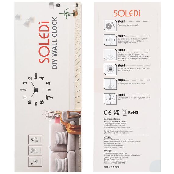 SOLEDI 3D Wanduhr Groß XXL zum Kleben - DIY Mute Modern Uhr Wandtattoo für Wohnzimmer Küche Schlafzimmer Office (60-120cm)