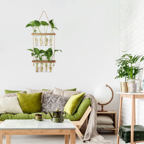 Hyindoor Hängende Propagation Station Wandvase Reagenzglas Vase Vermehrungsstation Für Hydrokultur Pflanzen Vintage Dekovase Mit Holzregal Für Hause Büro Wohnzimmer Küche,8 Rohr, 2 Stufen