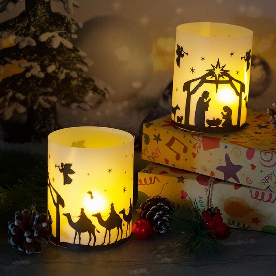 BETESSIN 12Pcs Windlicht Tischdeko Weihnachten Deko Jesus Geburt Krippe Deko Windlichter Weihnachtskrippe Mini Teelichter Weihnachten Kerzen Deko Lichthülle Teelichthalter Indoor Outdoor Dekoration