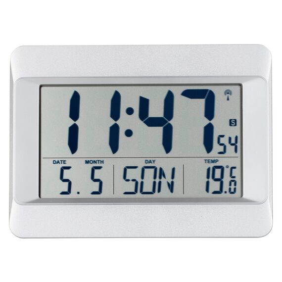 TFA Dostmann Wanduhr digital, 60.4519, Funkuhr mit Innentemperatur, Wochentag (8 Sprachen), Datum, Zeitzoneneinstellung, Kunststoff, (L) 215 x (B) 160 x (H) 26 (68) mm (Silber)