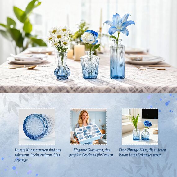 Der Rose 12 Stück Blaue Kleine Vasen Glasvasen für Tischdeko Mini Vintage Vasen Set für Hochzeitsdeko Party Deko Geschenk