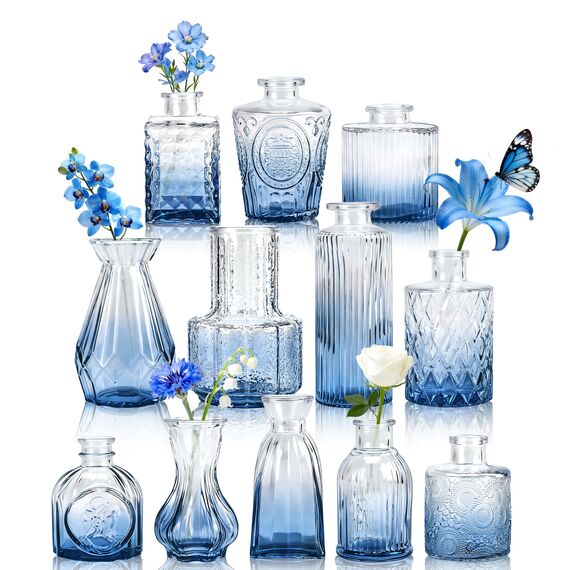 Der Rose 12 Stück Blaue Kleine Vasen Glasvasen für Tischdeko Mini Vintage Vasen Set für Hochzeitsdeko Party Deko Geschenk