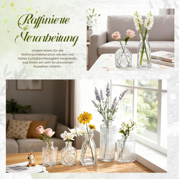 Der Rose 12 Stück Kleine Vasen Glasvasen für Tischdeko Mini Vintage Vasen Set für Hochzeitsdeko Party Deko Geschenk