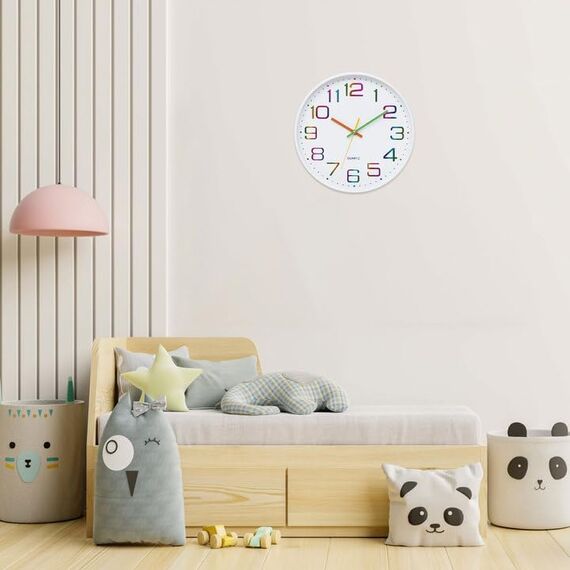 ACCSHINE Wanduhr Kinder Ohne TickgeräUsche Lautlos 30cm Modern Quarz Groß Betriebene Stereo Wanduhr Bunt Einfach zu Lesen für Kinderzimmer Zuhause KüChe Schlafzimmer BüRo Schule (Weiß)