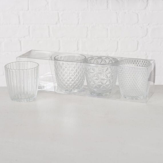 Boltze Windlicht Set Marilu 4-teilig (Transparent, Deko-Gläser für Kerzen/Teelichter, Kerzenständer ø 8 cm, Verschiedene Muster, Form rund, Teelichthalter) 1014419, Normal