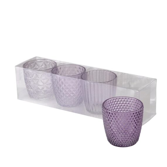 Boltze Windlicht Set Marilu 4-teilig (Lila, Deko-Gläser für Kerzen/Teelichter, Kerzenständer ø 8 cm, Verschiedene Muster, Form rund, Teelichthalter) 1014419, Normal