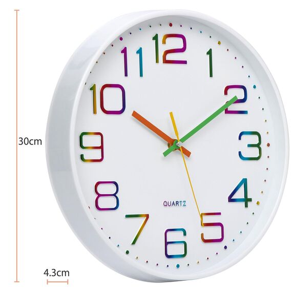 ACCSHINE Wanduhr Kinder Ohne TickgeräUsche Lautlos 30cm Modern Quarz Groß Betriebene Stereo Wanduhr Bunt Einfach zu Lesen für Kinderzimmer Zuhause KüChe Schlafzimmer BüRo Schule (Weiß)