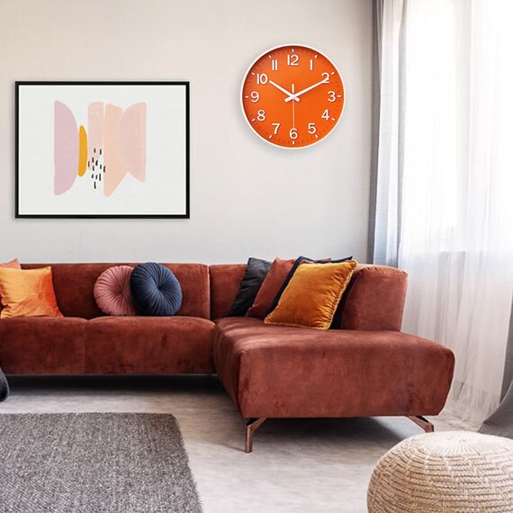 HZDHCLH 30cm Lautlos Wanduhr Schleichende Sekunde mit Arabisch Ziffer ohne Ticken für Dekoration Wohnzimmer, Küche, Büro, Schlafzimmer (Orange)