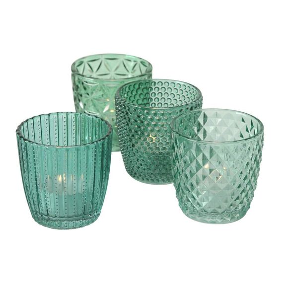 Boltze Windlicht Set Marilu 4-teilig (petrol, Deko-Gläser für Kerzen / Teelichter, Kerzenständer ø 8 cm, verschiedene Muster, Form rund, Teelichthalter) 1020524