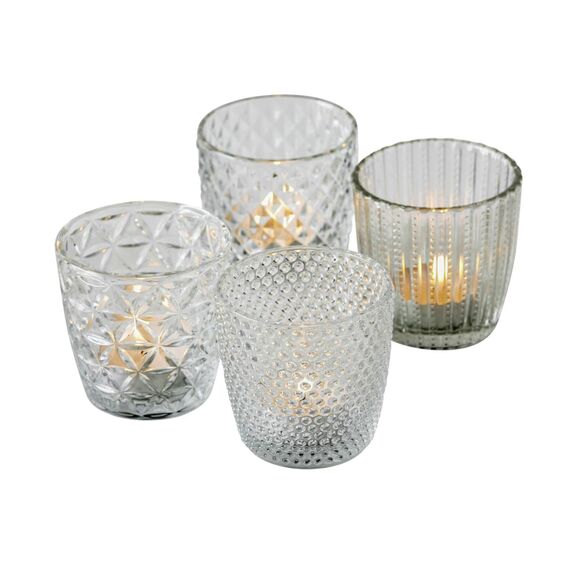 Boltze Windlicht Set Marilu 4-teilig (Transparent, Deko-Gläser für Kerzen/Teelichter, Kerzenständer ø 8 cm, Verschiedene Muster, Form rund, Teelichthalter) 1014419, Normal