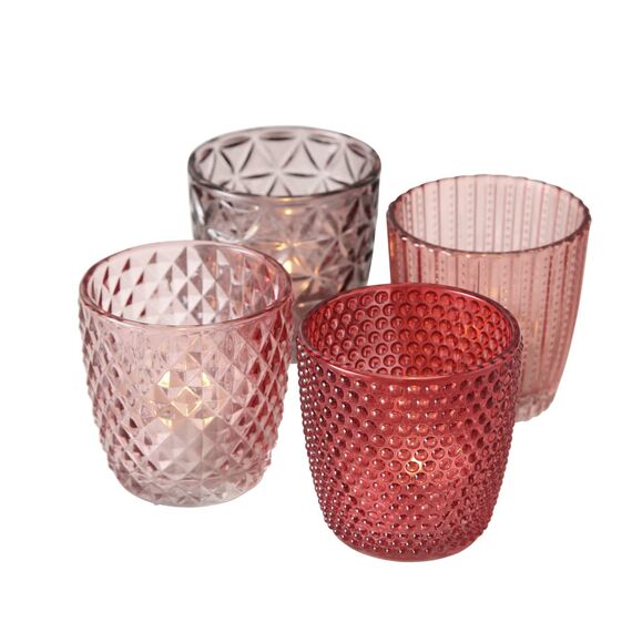 Boltze Windlicht Set Marilu 4-teilig (lila/rosa, Deko-Gläser für Kerzen/Teelichter, Kerzenständer ø 8 cm, Verschiedene Muster, Form rund, Teelichthalter) 1017892