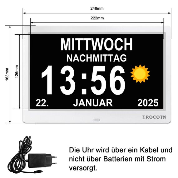 TROCOTN Demenz Uhr Senioren Digitale Uhr Tagesuhr Großes Display Wecker Wanduhr (Weiß,10 Zoll)