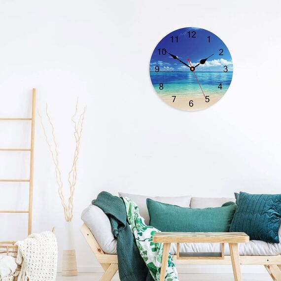TAHEAT 30 cm Blau Meer Strand Wanduhr, Lautlos Geräuschlos Batteriebetrieben Uhren, Schön Himmel Wolke Deko für Schlafzimmer, Badezimmer, Küche, Esszimmer