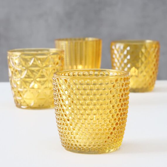 Boltze Windlicht Set Marilu 4-teilig (gelb, Deko-Gläser für Kerzen / Teelichter, Kerzenständer ø 8 cm, verschiedene Muster, Form rund, Teelichthalter) 2001878