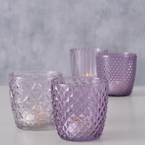 Boltze Windlicht Set Marilu 4-teilig (Lila, Deko-Gläser für Kerzen/Teelichter, Kerzenständer ø 8 cm, Verschiedene Muster, Form rund, Teelichthalter) 1014419, Normal