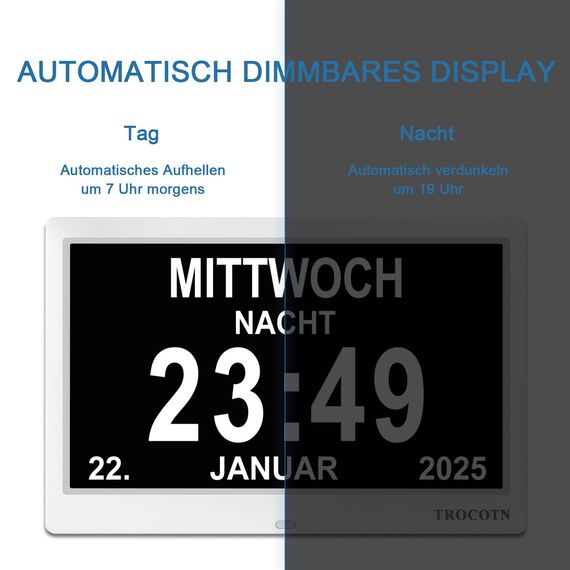 TROCOTN Demenz Uhr Senioren Digitale Uhr Tagesuhr Großes Display Wecker Wanduhr (Weiß,10 Zoll)