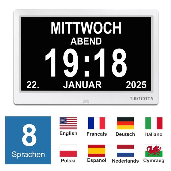 TROCOTN Demenz Uhr Senioren Digitale Uhr Tagesuhr Großes Display Wecker Wanduhr (Weiß,10 Zoll)
