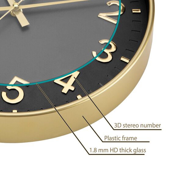 ACCSHINE Wanduhr Ohne TickgeräUsche Lautlos 30cm Modern Quarz Groß Batterie Betriebene Stereo Digital Wanduhr Einfach zu Lesen für Zimmer Zuhause KüChe Schlafzimmer BüRo Schule (Schwarz + Gold)