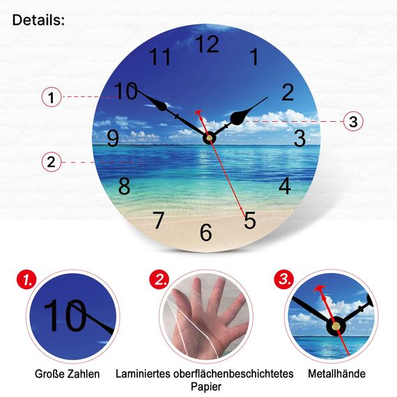 TAHEAT Blau Friedlich Meer Wanduhr, Leise Nicht tickend Schön Himmel Strand Runden Uhren, Leicht zu lesen Dekorativ Wanduhren für die Küche Bad Wohnzimmer Startseite Kunst Dekor, 34 cm