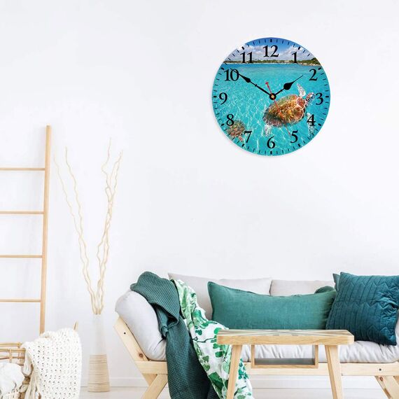 TAHEAT 30 cm Maritime Meer Schildkröte Wanduhr, Lautlos Geräuschlos Holz Uhren, Batteriebetrieben Modern Wanduhr für Küche/Schlafzimmer/Wohnzimmer/Esszimmer