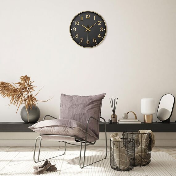 ACCSHINE Wanduhr Ohne TickgeräUsche Lautlos 30cm Modern Quarz Groß Batterie Betriebene Stereo Digital Wanduhr Einfach zu Lesen für Zimmer Zuhause KüChe Schlafzimmer BüRo Schule (Schwarz + Gold)