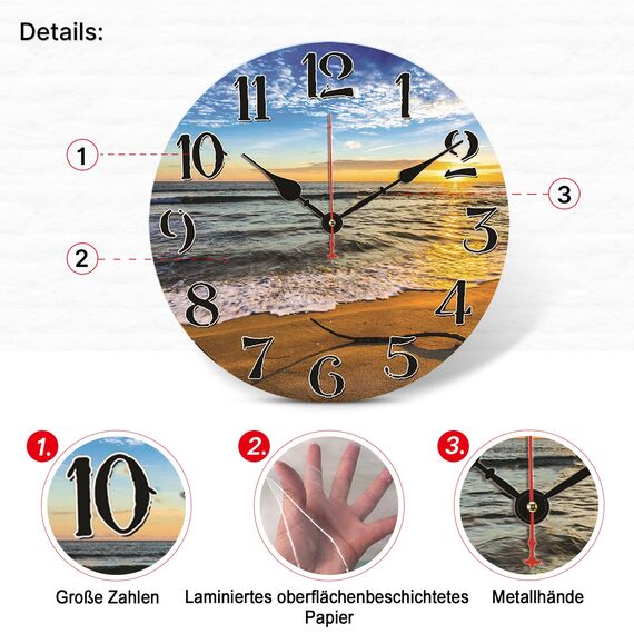 TAHEAT Strand Wellen Sonnenuntergang Wanduhr, Leise Nicht tickend Batteriebetrieben Uhren, Leicht zu lesen Dekorativ Wanduhren für Schlafzimmer/Küche/Wohnzimmer/Bad, 34 cm