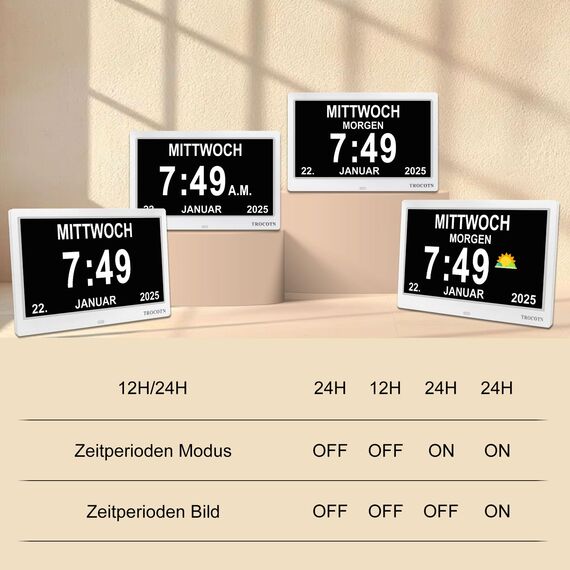 TROCOTN Demenz Uhr Senioren Digitale Uhr Tagesuhr Großes Display Wecker Wanduhr (Weiß,10 Zoll)