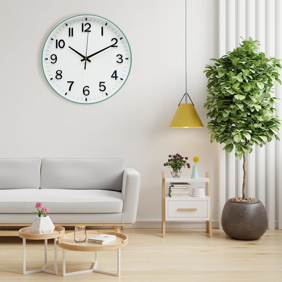 HZDHCLH 30cm Lautlos Wanduhr Schleichende Sekunde mit Arabisch Ziffer ohne Ticken für Dekoration Wohnzimmer, Küche, Büro, Schlafzimmer（Grüner Rahmen）