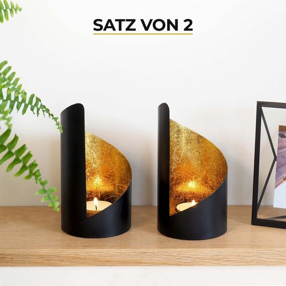 Gadgy Teelichthalter Schwarz Gold - Windlicht Esstisch Deko 2er Set - Teelichthalter Metall Wohnzimmer Modern - Windlicht Metall Deko schwarz - Tischdeko Windlichter schwarz - Wohndeko Set