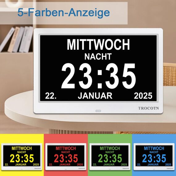 TROCOTN Demenz Uhr Senioren Digitale Uhr Tagesuhr Großes Display Wecker Wanduhr (Weiß,10 Zoll)
