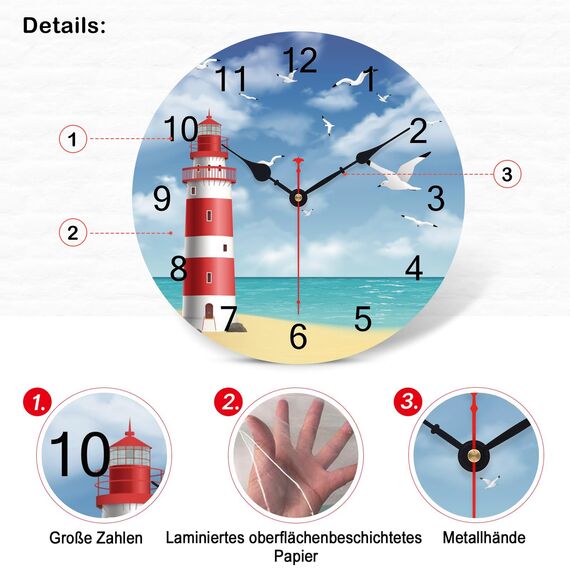 TAHEAT Leuchtturm Möwe Ozean Wanduhr, Hölzern Batteriebetrieben Uhren, Leise Nicht tickend Leicht zu lesen Wanduhr für Küche/Schlafzimmer/Wohnzimmer, 34 cm