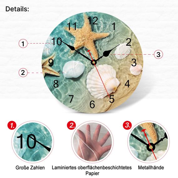 TAHEAT 20 cm Küsten Muschel Seestern Wanduhr, Genau Dekorativ Uhren, Leise Nicht tickend Leicht zu lesen Wanduhren für Schlafzimmer/Wohnzimmer/Küche