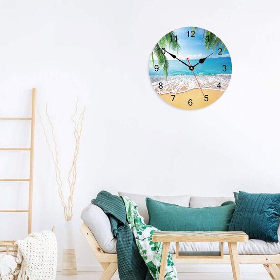 TAHEAT 34 cm Sommer Palmen Wanduhr Tropisch Hawaiisch Strand Uhren, Leise Nicht tickend Leicht zu lesen Wanduhr für Küche/Schlafzimmer/Wohnzimmer