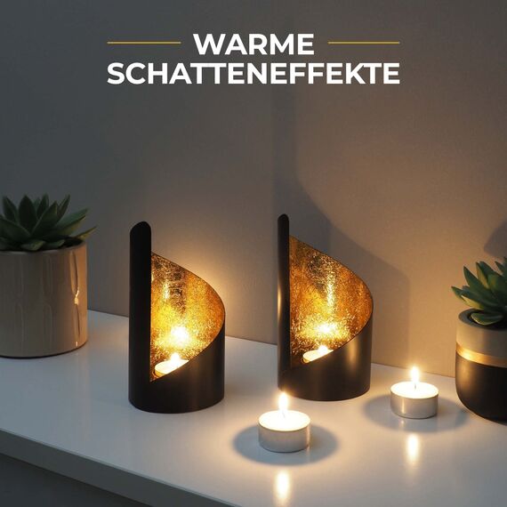 Gadgy Teelichthalter Schwarz Gold - Windlicht Esstisch Deko 2er Set - Teelichthalter Metall Wohnzimmer Modern - Windlicht Metall Deko schwarz - Tischdeko Windlichter schwarz - Wohndeko Set