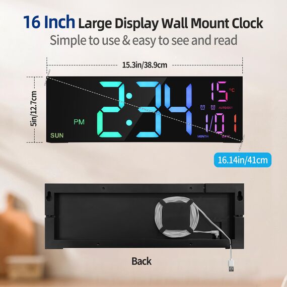 HAITANG 16'' Schwarz große Digitale Wanduhr für Wohnzimmer, Fernbedienung, Dual-Alarm, 8 RGB-Farben, großes LED-Display, automatische Helligkeit, Datum, automatische Sommerzeit, Temperatur