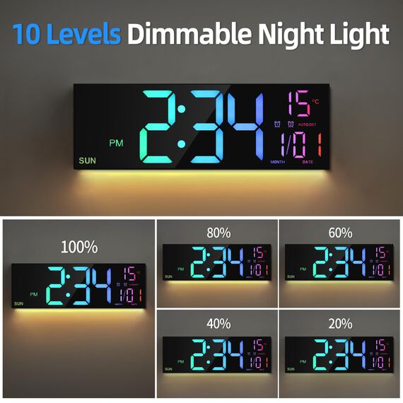 HAITANG 16'' Schwarz große Digitale Wanduhr für Wohnzimmer, Fernbedienung, Dual-Alarm, 8 RGB-Farben, großes LED-Display, automatische Helligkeit, Datum, automatische Sommerzeit, Temperatur