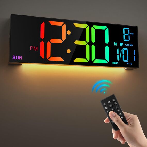 HAITANG 16'' Schwarz große Digitale Wanduhr für Wohnzimmer, Fernbedienung, Dual-Alarm, 8 RGB-Farben, großes LED-Display, automatische Helligkeit, Datum, automatische Sommerzeit, Temperatur