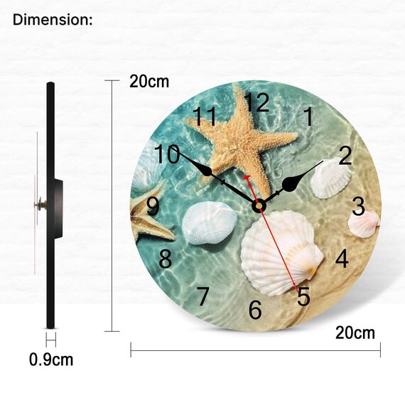 TAHEAT 20 cm Küsten Muschel Seestern Wanduhr, Genau Dekorativ Uhren, Leise Nicht tickend Leicht zu lesen Wanduhren für Schlafzimmer/Wohnzimmer/Küche